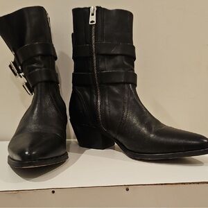All Saints Black Leather Mid-Calf Buckle Combat Boots